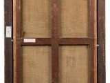 an old wooden frame with a window and a cork board on it