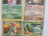 Quatre cartes Pokémon sont posées sur une surface blanche, et l'une d'entre elles représente un dragon.