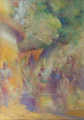 une image représentant un tableau où l'on voit un groupe de personnes debout sous un arbre