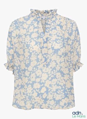 the blouse is blue and white with white flowers on it