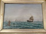 une photo d'un tableau représentant un bateau en mer