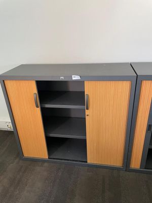 grey and oak cupboards with doors and shelves