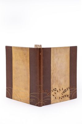 un vieux livre à la couverture brune posé sur une surface blanche