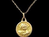 a gold coin with a woman ' s face is shown on a chain
