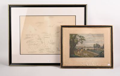 deux reproductions encadrées représentant un paysage et un tableau représentant un homme à cheval