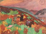 un tableau représentant un groupe de personnes à cheval sur une colline