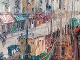 painting of boats docked in a harbor with buildings in the background