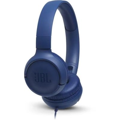the jbl headphones are blue and have a built in microphone