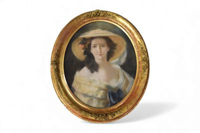 Ecole XIXe, "Portrait de Dame au chapeau".