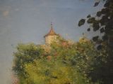 a painting of a church in the middle of a park