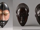 trois vues différentes d'un masque en bois comportant deux visages