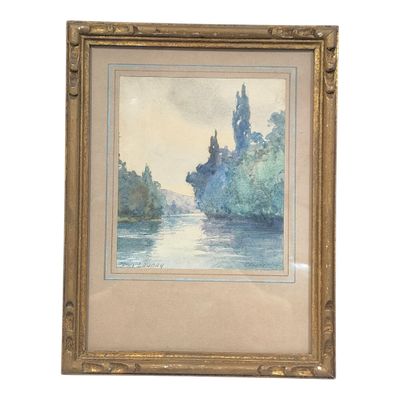 an image of a painting of a river with trees in the background