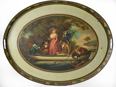 un tableau représentant un homme et une femme dans un bateau sur l'eau
