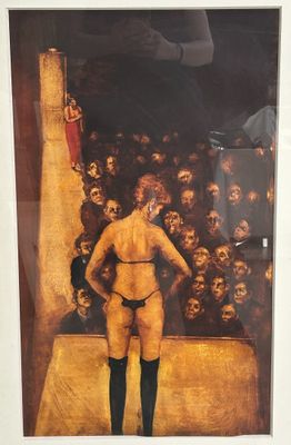 tableau représentant un homme debout devant une foule de crânes
