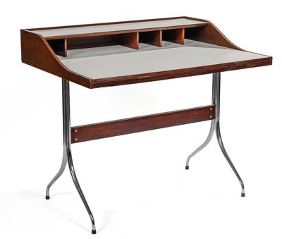 a wooden desk with a glass top and metal legs