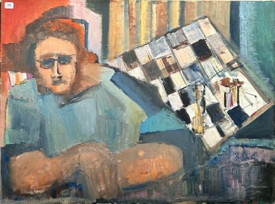 a painting of a man sitting in a chair reading a newspaper