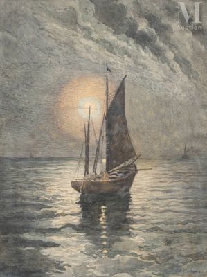 painting of a sailboat in the middle of a body of water under a cloudy sky