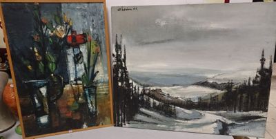two paintings that are on a table next to each other