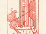an image of a red ink drawing of a man in a cage