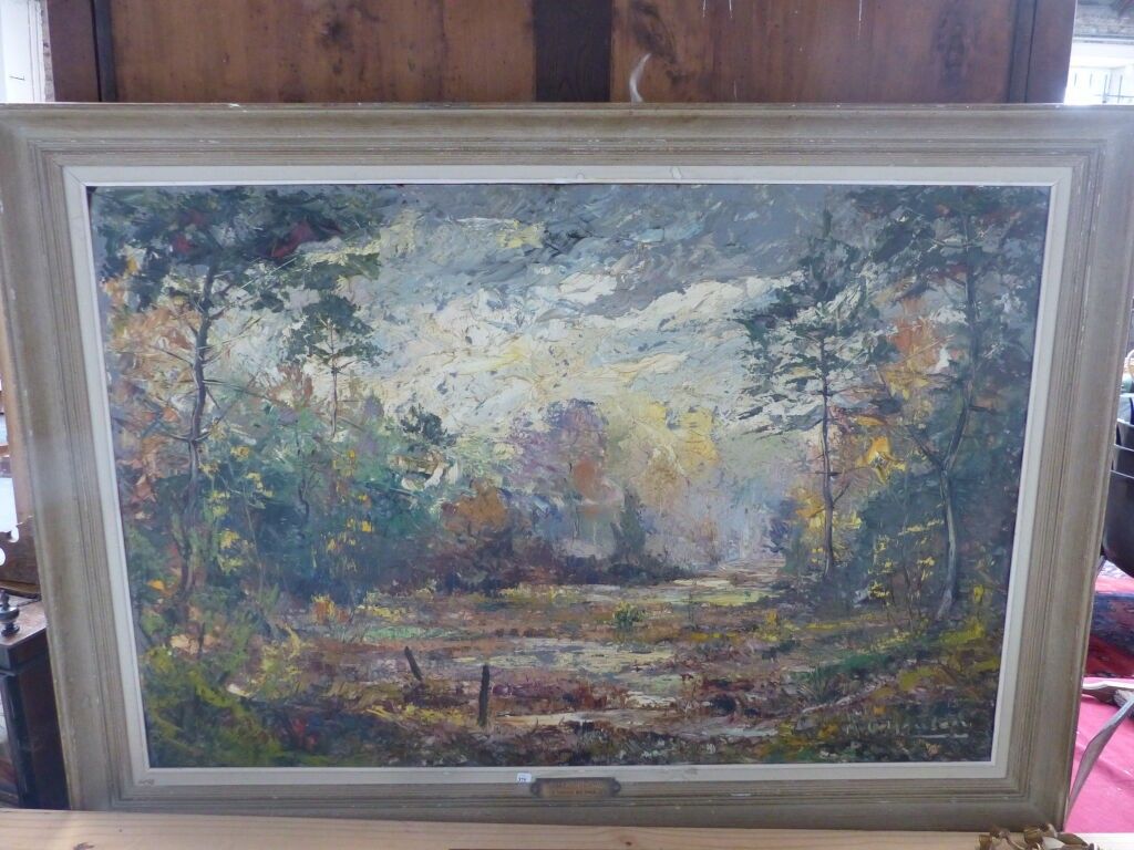André Charles NAULEAU (1908-1986) Sous bois Huile sur isorel signée en bas à droite, Salon National des Beaux Arts 75...