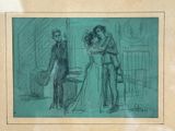 drawing of a man and a woman standing in front of a mirror