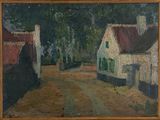 a painting on the wall of a house with a red roof
