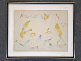 framed picture of a painting of birds flying in a circle