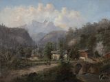 a painting of a mountain scene with a river and a bridge