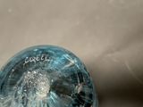 someone is holding a glass bottle with a blue liquid inside of it