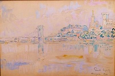 une peinture représentant une ville avec un pont en arrière-plan