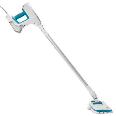 a white and blue steam mop on a white background