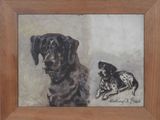 tableau représentant un chien et un autre chien couché, dans un cadre en bois