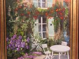 painting of a table and chairs in front of a house with flowers