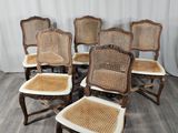 six chaises anciennes françaises à dossier en rotin, avec des coussins de dossier en rotin