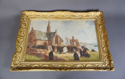 une image représentant un tableau d'une église avec un groupe de personnes à l'extérieur