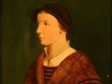 a painting of a woman in a red dress with a black hat