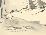 a black and white drawing of a man sitting on a bench