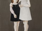 painting of two little girls standing next to each other on a brown background