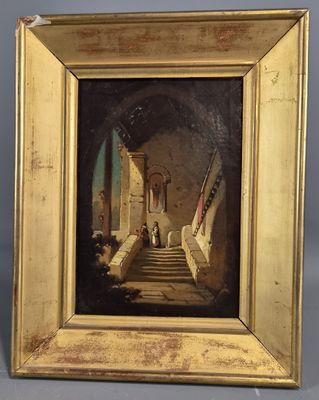 an image of a painting of a man and a woman walking down a staircase