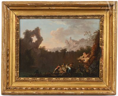 an oil painting of a landscape with figures in the foreground