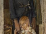 tableau représentant une femme et un enfant debout dans l'embrasure de la porte d'une maison