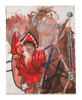 painting of a man in a red suit riding a horse drawn carriage