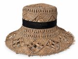 the hat is made of straw and has a black ribbon around the brim