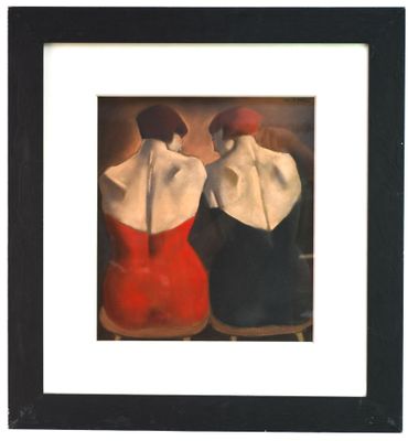 painting of two women in red and white dresses sitting next to each other