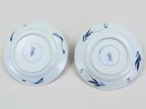 pair of blue and white plates with designs on them on a white surface