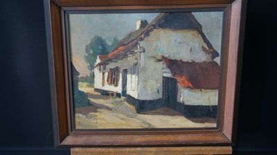 an oil painting of a white house with a red roof on a black background