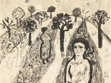 dessin représentant une femme dans un paysage avec des arbres et des personnages