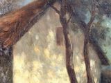 an image of a painting of a house and trees in a field