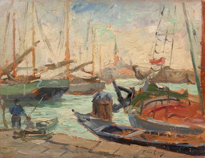 a painting of boats in the water near a dock