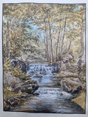 une peinture à l'huile représentant un ruisseau traversant une forêt parsemée de rochers